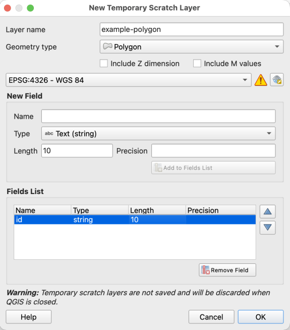 New Temporary Scratch Layer dialog