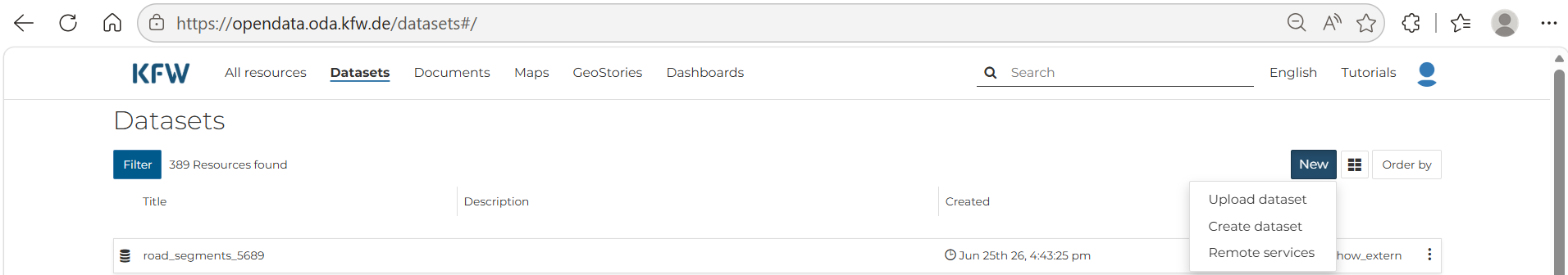 ODP Datasets page — New → Upload dataset
